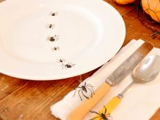 Halloween table setting with painted bugs