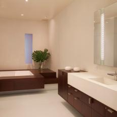 White Contemporary Bathroom With Dark Wood Cabinetry