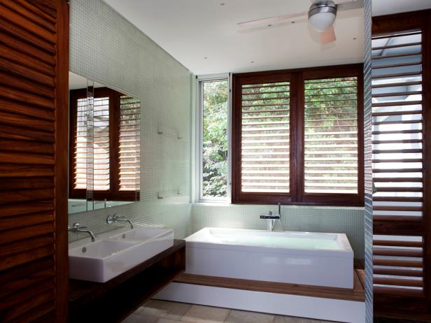 Contemporary Bathroom With Wood Plantation Shutters