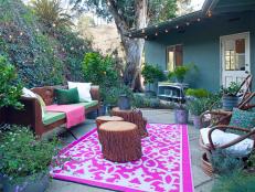 Graphic Pink Rug on Outdoor Patio With Tree Stumps, Wooden Bench