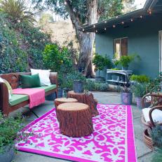Bohemian Patio With Pink Outdoor Rug