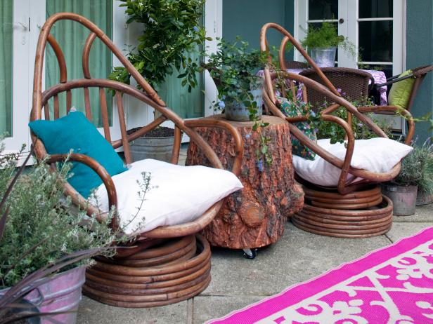 Outdoor Patio With Rustic Furniture and Bright Pink Rug
