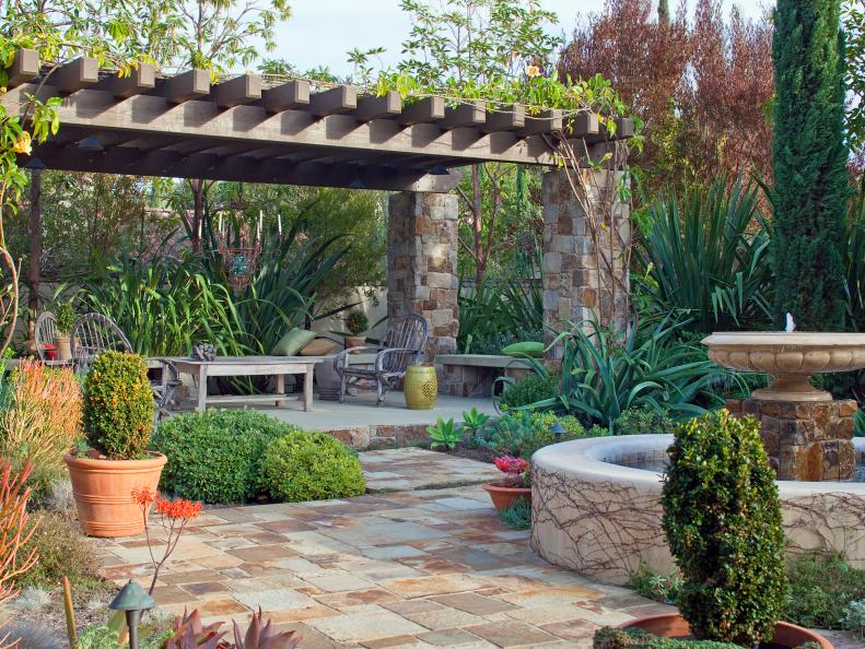 Mediterranean Pergola and Fountain   