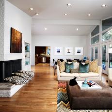 Midcentury Modern Living Room and Dining Room Combo With High Ceiling