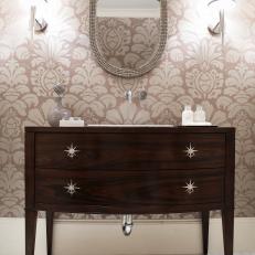 Transitional Powder Room With Bold-Patterned Wallpaper