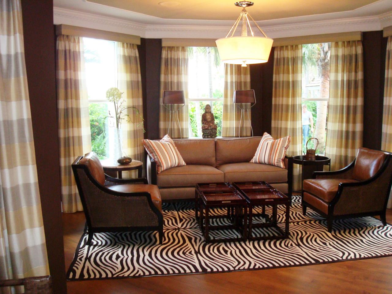 Brown Living Room with Zebra Rug and Plaid Window ...