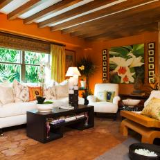 Tropical Orange Living Room With Exposed Beam Ceiling