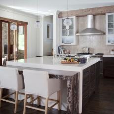 Transitional Kitchen With Rustic Exposed Beam and Decorative Backsplash