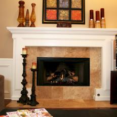 Fireplace With White Mantel and Tile Surround