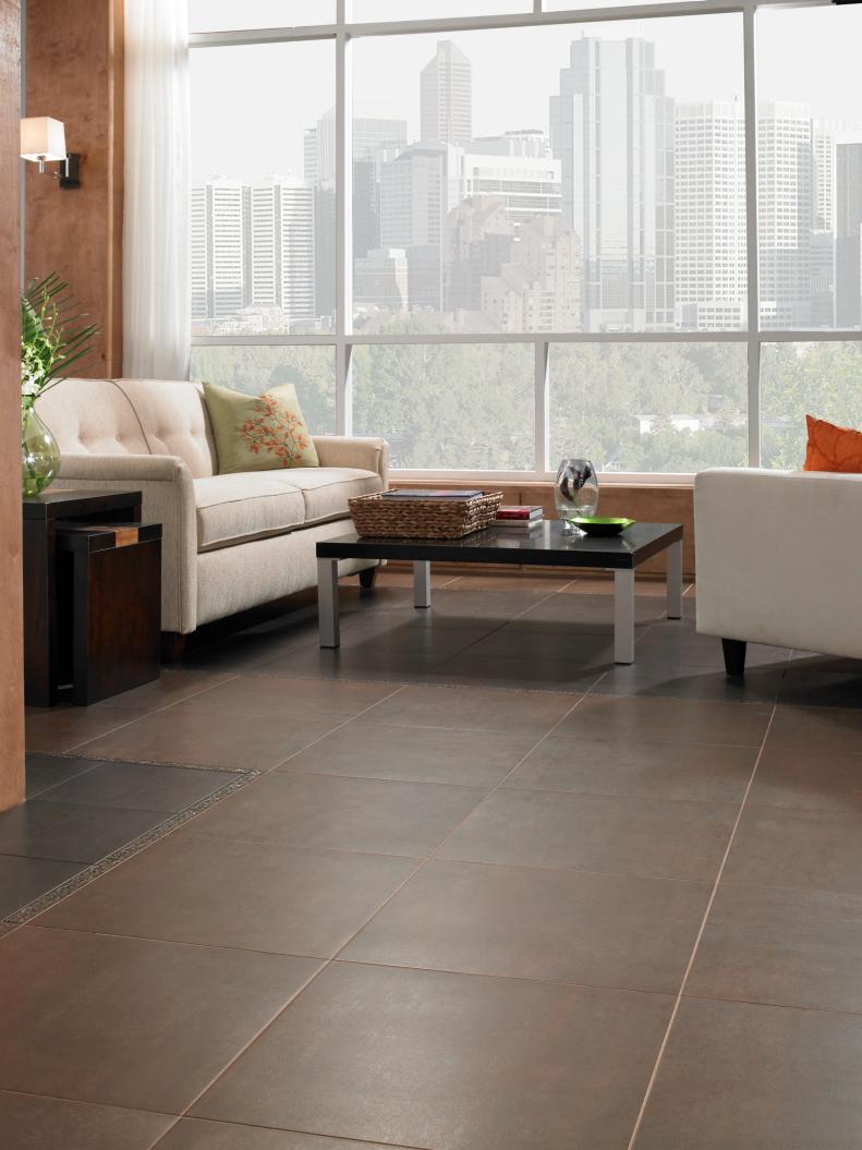 Living Room With City View and Large Floor Tiles 