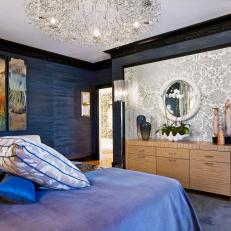 Blue Eclectic Bedroom With Silver Damask Accent Wall