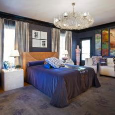 Eclectic Blue Master Bedroom With Crystal Chandelier