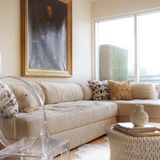 Neutral Transitional Living Room With a Colonial Art