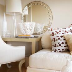 White Living Room Furniture and Round Mirror