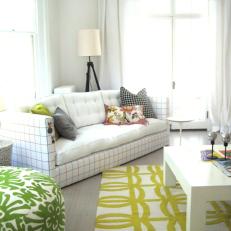 White Eclectic Living Room With Multi-Patterned Furniture and Accessories