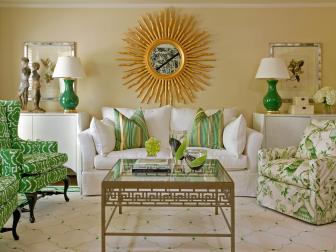 Neutral Living Room With Kelly Green Chairs and Starburst Mirror