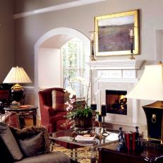 Traditional Living Room With Marble Fireplace