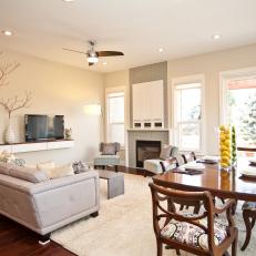 Combination Living Room Dining Room With White and Neutral Decor