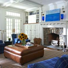 White Coastal Living Room With Stone Fireplace
