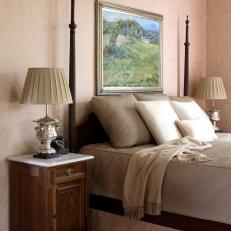 Traditional Pink Bedroom With Damask-Patterned Wallpaper