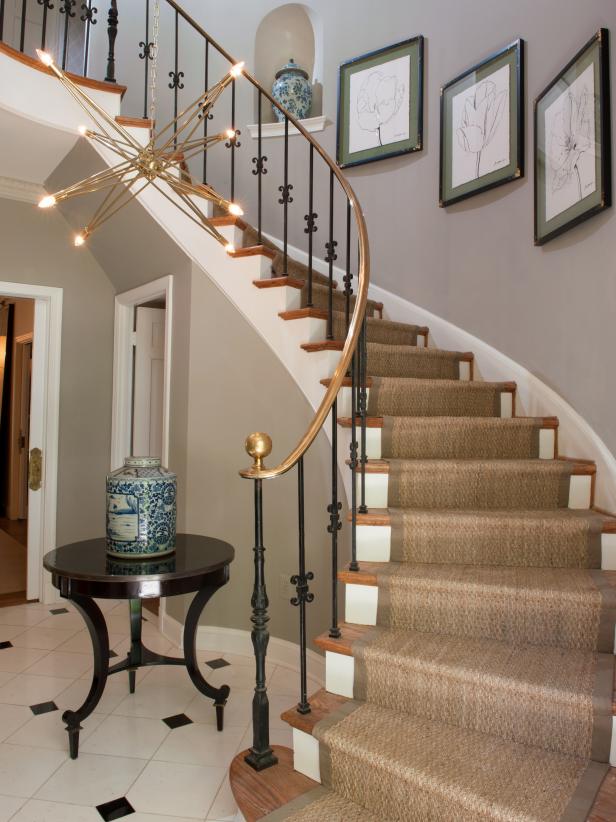 stairs stair winding staircase runner hgtv runners brown foyer curved metal bannister modern stairway banister artistic living railing carpet entry
