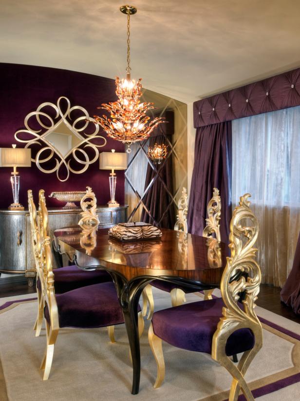 Eclectic Purple Dining Room With Gold Chairs