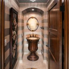 Pink and Gray Striped Powder Room with Pedestal Sink