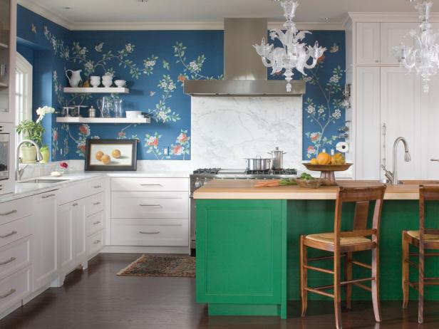 White Kitchen With Blue, Green and Floral Accents
