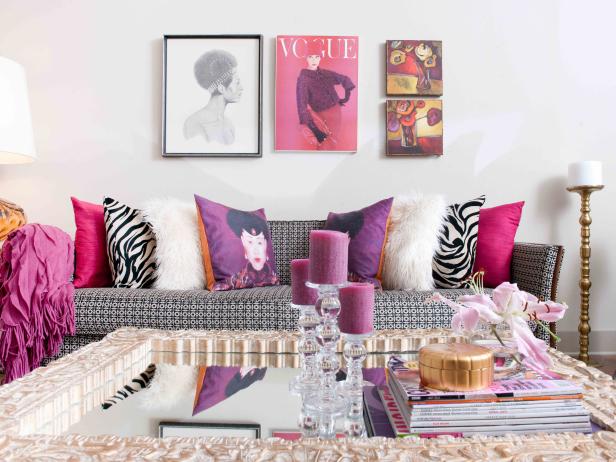 Modern Living Room With Black and White Sofa and Pink Accents