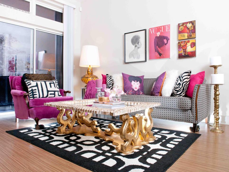 Glamorous Fashion Inspired Black, Black And Pink Living Room Decor