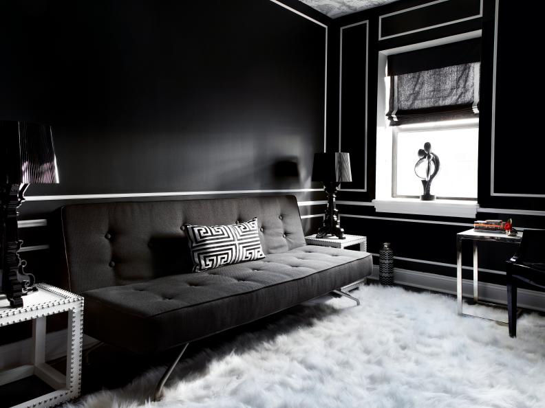 Black and White Living Room With Shag Rug