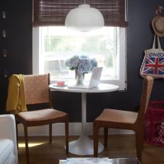 Navy Contemporary Dining Area With White Pedestal Table