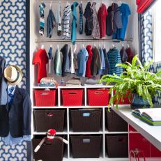 Contemporary Boys' Bedroom With Open, Organized Closet, Storage Bins