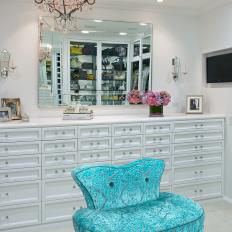 Eclectic White Walk-In Closet with Dresser