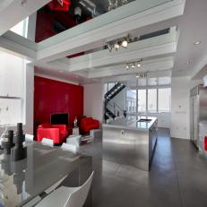 Gray, White, and Red Open Space Modern Kitchen
