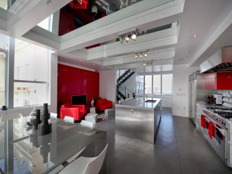 Gray, White, and Red Open Space Modern Kitchen