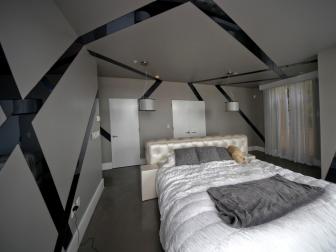 Eclectic Gray Bedroom With Black Stripes on Walls, Ceiling