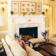 Traditional Yellow Living Room With Marble Fireplace