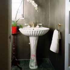 Transitional Gray Powder Room With White Pedestal Sink