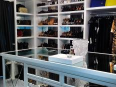 Closet With Mirrored Dresser and Built-In Shoe Shelves