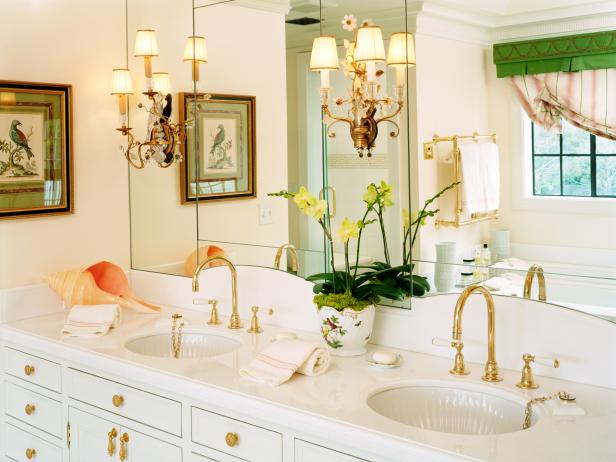 Victorian-Inspired Pale Pink Bathroom With Gold Accents | HGTV