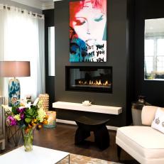 Black and White Transitional Living Room With Modern Gas Fireplace 