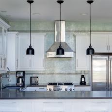 Small Space White Kitchen With Pendant Lights