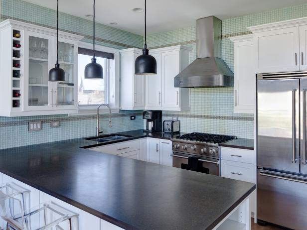 Contemporary Kitchen With Aqua-Blue Tile Backsplash and ...