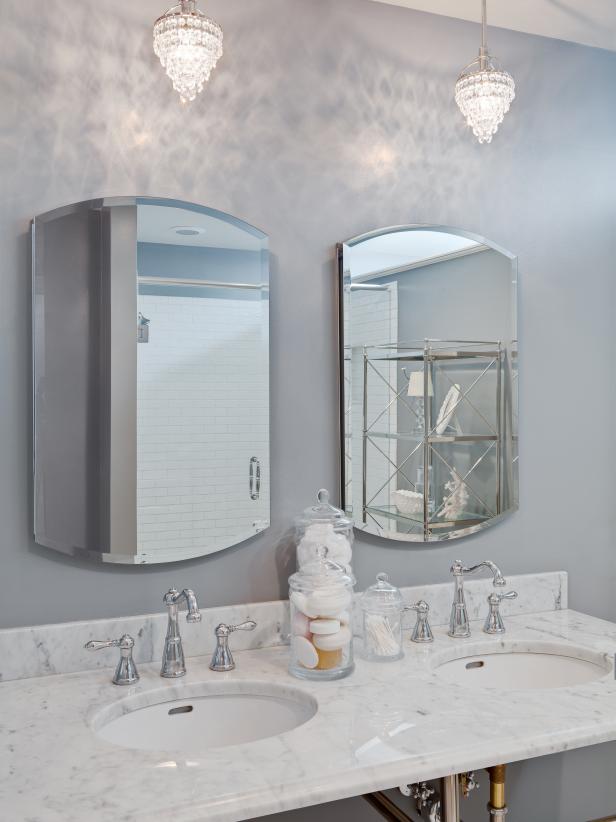 Double Vanity Bathroom With Sparkling, Mini Chandelier For Bathroom