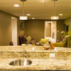 Bold Green Finished Basement Living Room and Kitchen