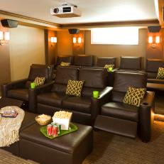 Contemporary Home Theater With Tiered Leather Seating