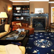 Brown Traditional Living Room with Blue Floral Area Rug