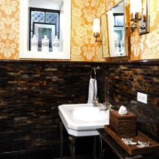 Transitional Bathroom With Dark Tile and Yellow Wallpaper