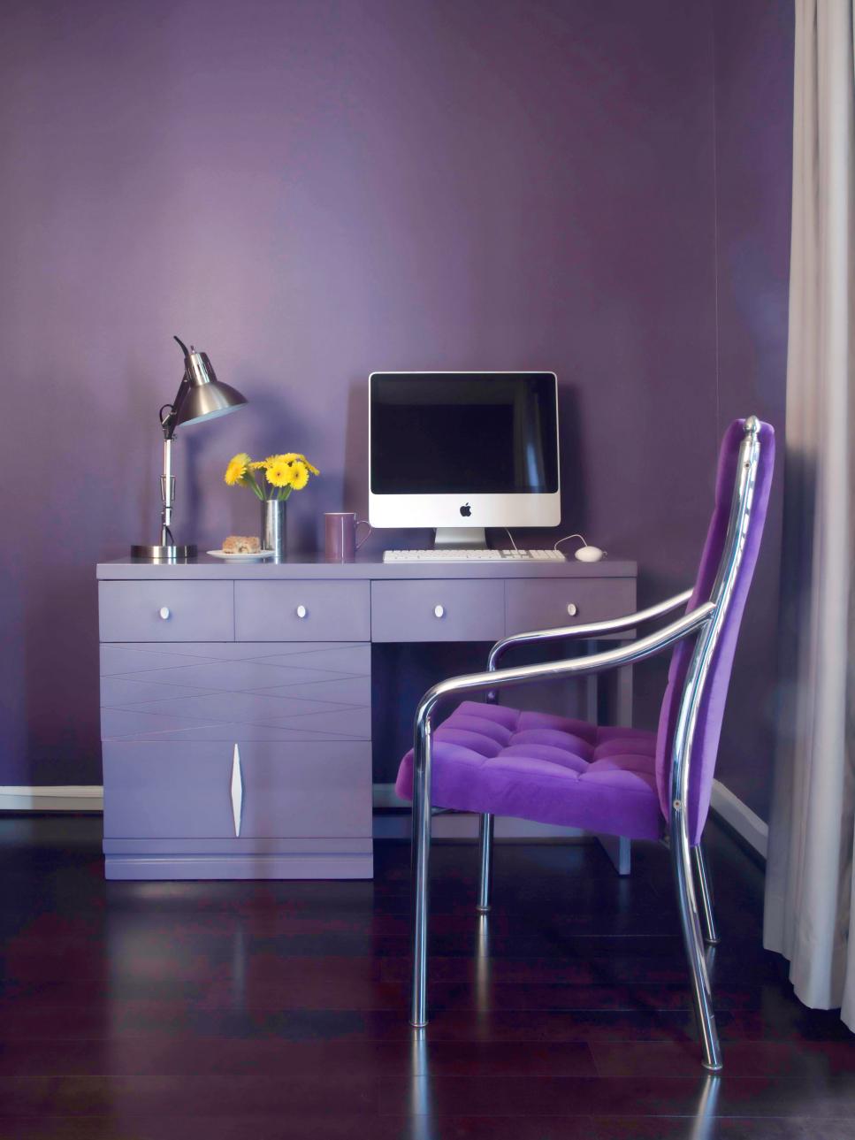 Purple Girl's Bedroom with Purple Computer Desk and Chair | HGTV